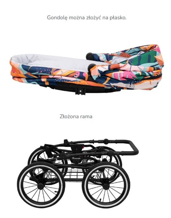 Kunert Romantic złożony na płasko – gondola retro, stelaż z dużymi kołami, kompaktowy wózek dziecięcy vintage.