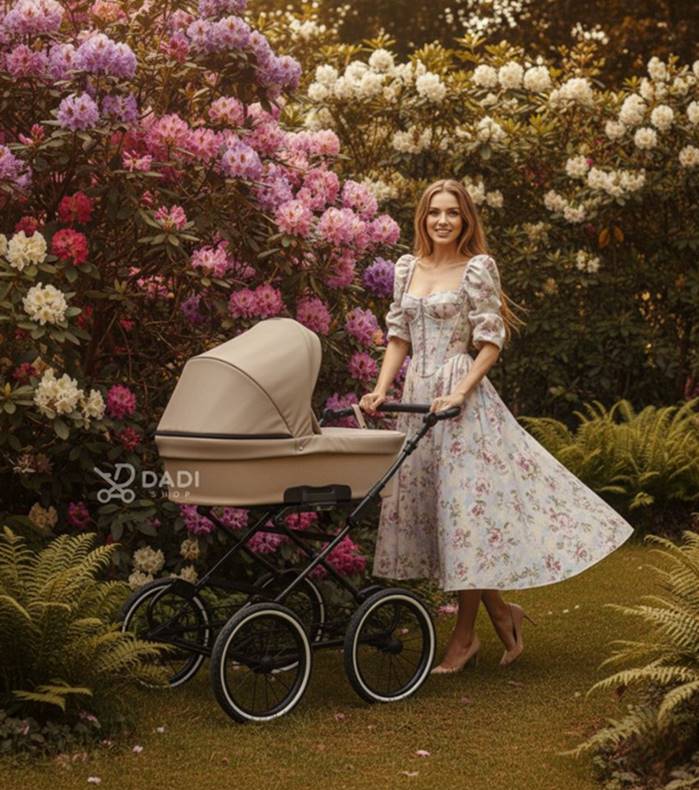 Wózek retro 3w1 Kunert Romantic plener wśród kwitnących kwiatów.