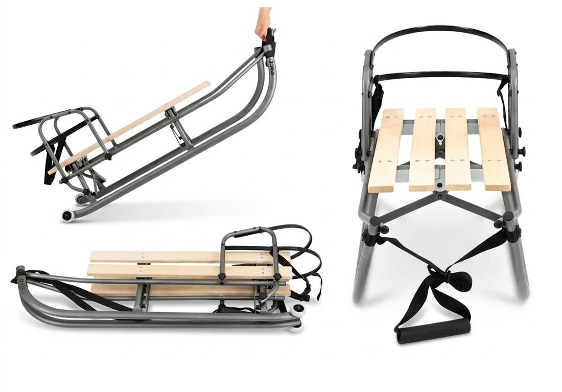 Składane sanki dziecięce Kunert Space w trzech ujęciach: prowadzenie na kółkach, widok z przodu z oparciem oraz wersja złożona na płasko.