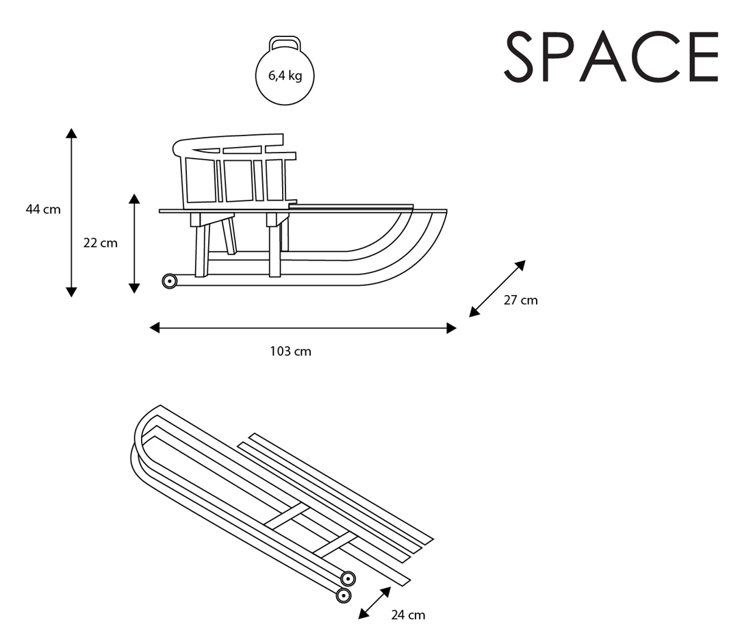 Schemat techniczny z wymiarami i wagą (6,4 kg) sanek dziecięce Kunert Space. Grafika pokazuje parametry sanek rozłożonych i po złożeniu.