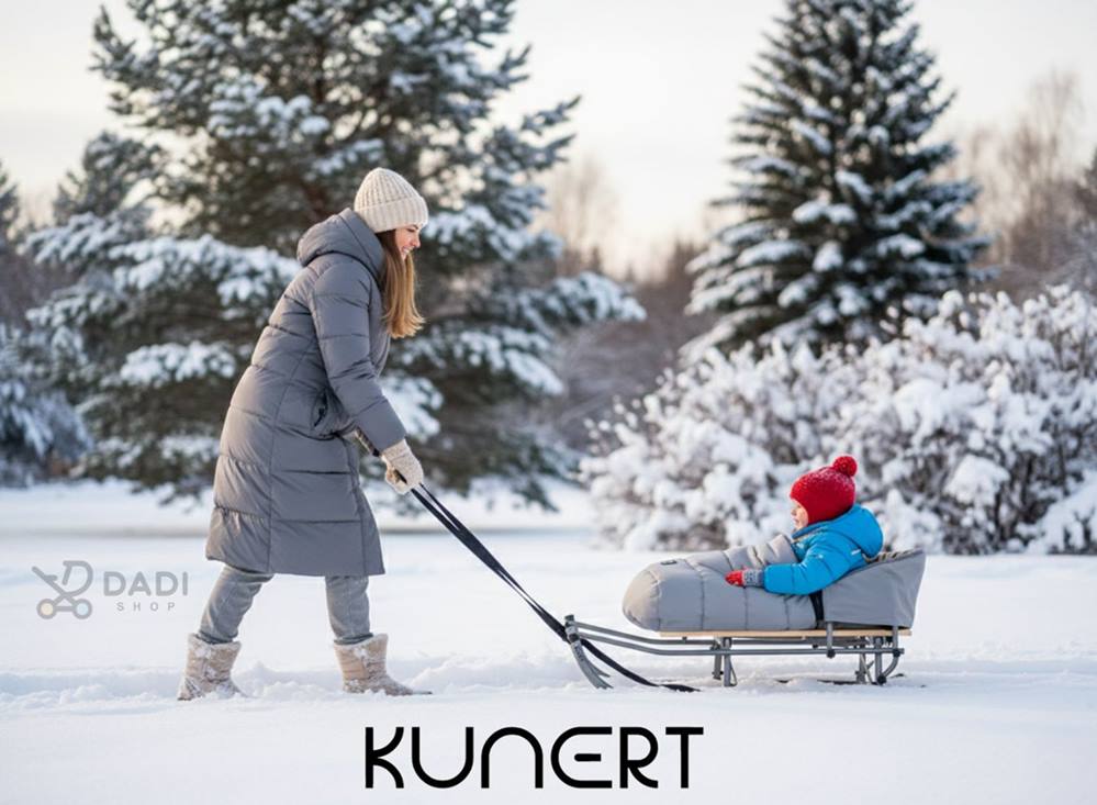 Kobieta prowadzi sanki dla dziecka z oparciem i śpiworkiem po śniegu.