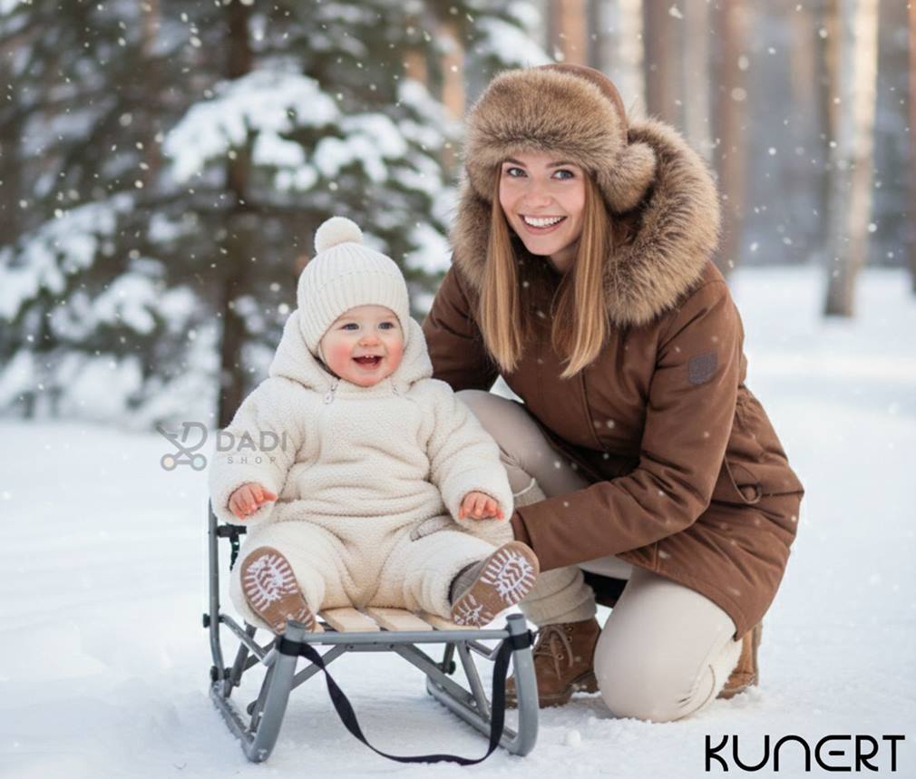 Mama kuca przy dziecku siedzącym na sankach Kunert Space w zimowym lesie – radosny i bezpieczny zimowy spacer.