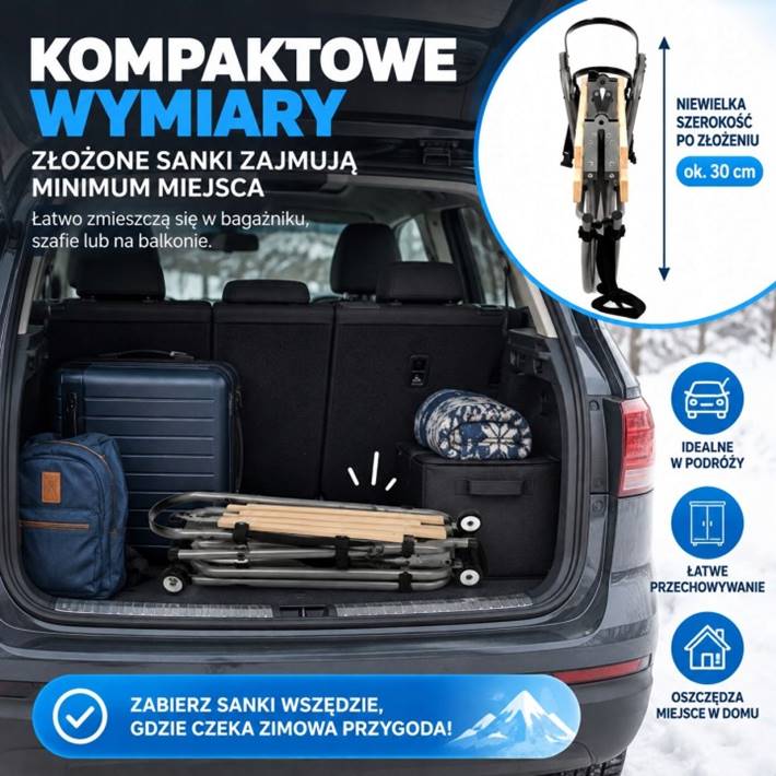 Składane sanki w bagażniku auta. Kompaktowe wymiary po złożeniu (szerokość ok. 30 cm) idealne do podróży i przechowywania. Metalowa konstrukcja z drewnianymi szczeblami.