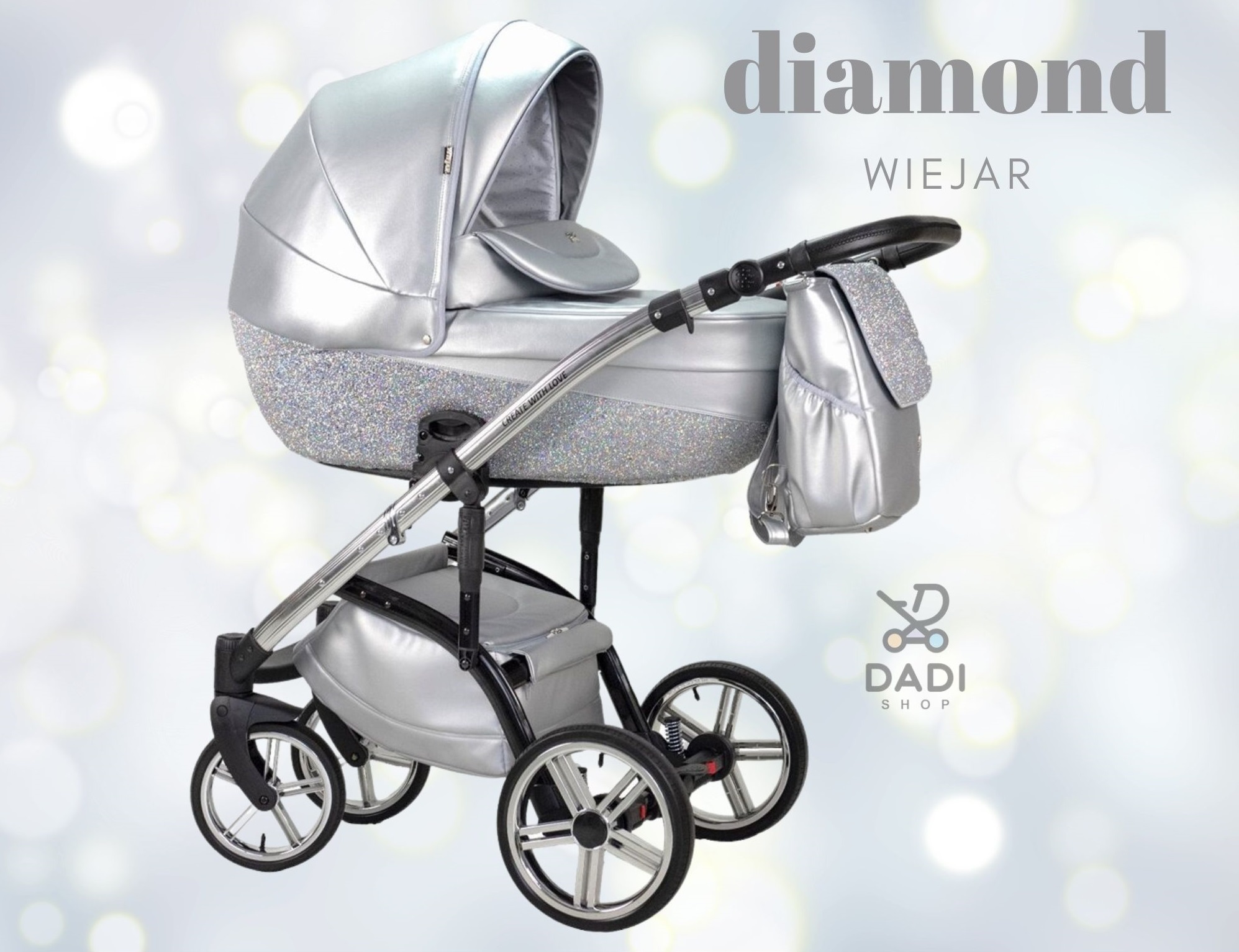 glitter baby pram wózek dziecięcy błyszczący srebrny wiejar diamond 2w1 3w1 4w1