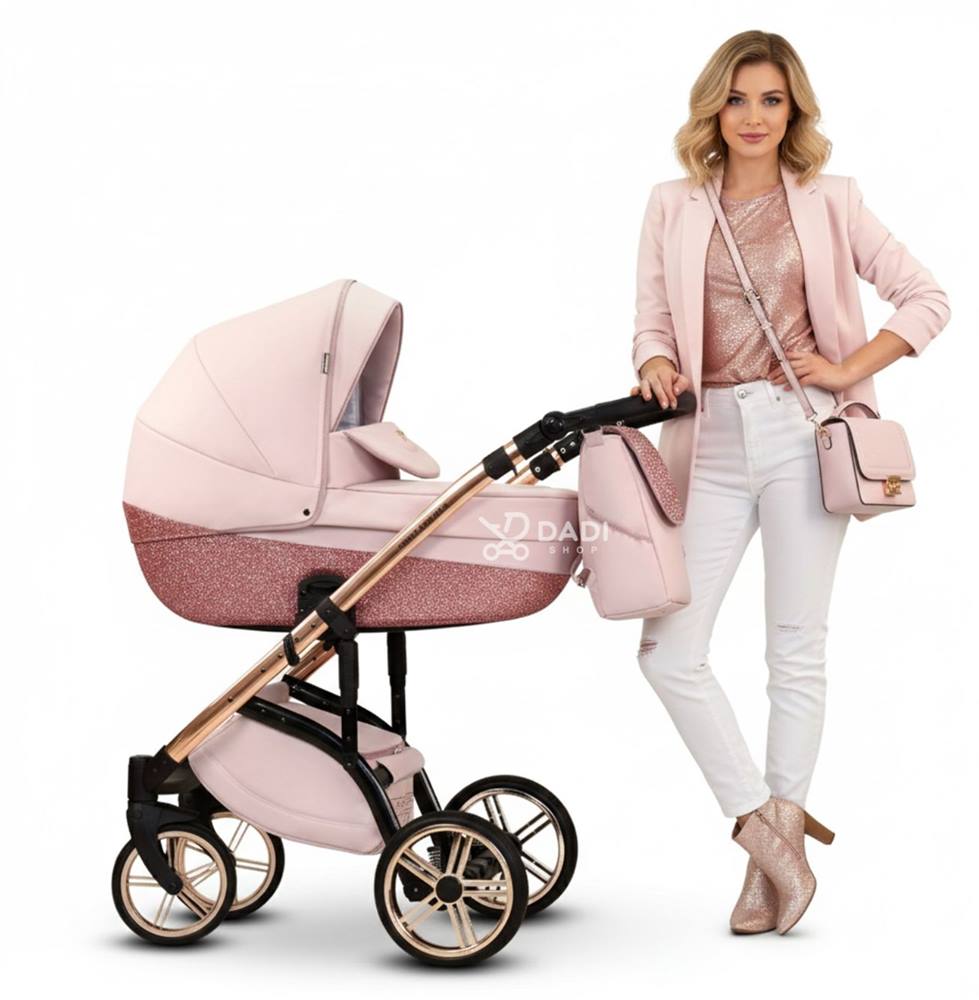Różowy wózek dziecięcy Wiejar Rose Exclusive 3w1 dla dziewczynki – elegancki i funkcjonalny, prezentowany w sesji z modelką.