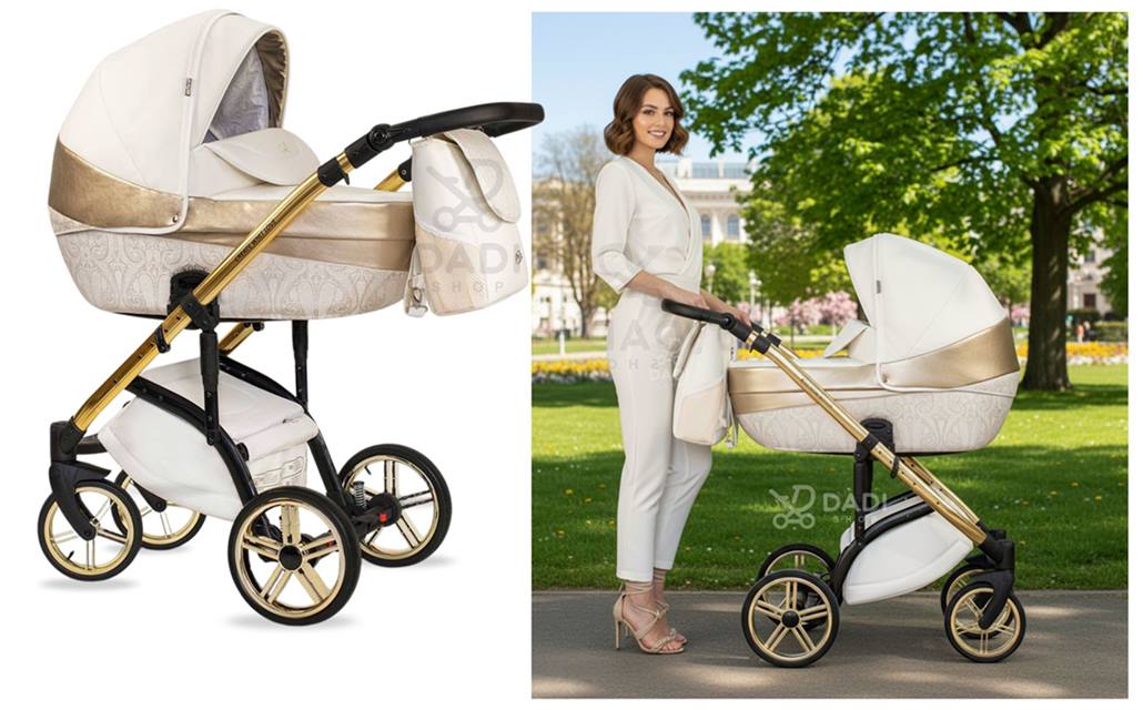 Prezentacja wózka Wiejar Little Princess: beżowa gondola na złotej ramie w plenerze.