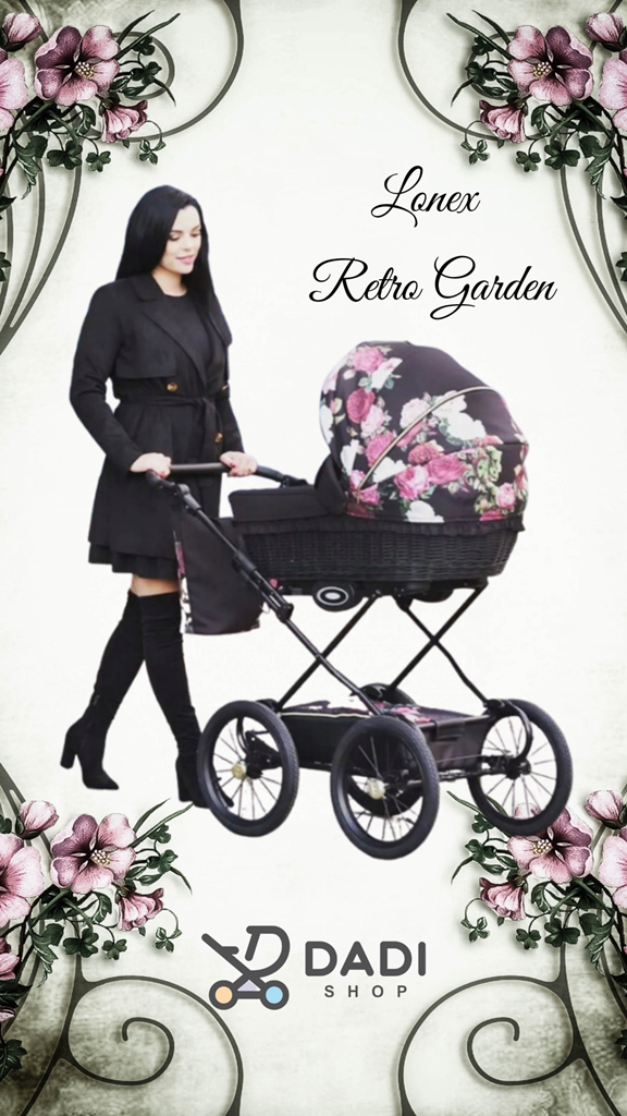wózek retro Lonex Retro Garden czarny wozek w kwiaty duze koła piekny wyjątkowy elegancki