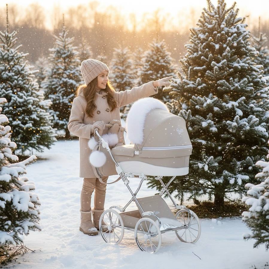 Dziewczynka prezentuje futerko do gondoli wózka dla lalek JUNAMA | LULLA – eleganckie akcesoria dla lalek w plenerze, dostępne w Dadi-Shop