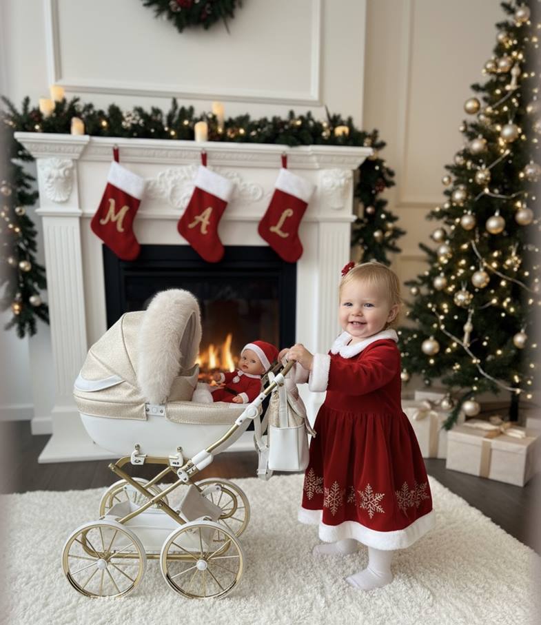 Mała dziewczynka bawi się wózkiem dla lalek JUNAMA | TAKO Baby z futerkiem – świąteczne akcesoria dla lalek, sesja zdjęciowa w Dadi-Shop