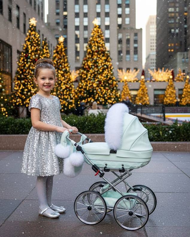 Luksusowy zimowy dodatek – futerko do wózka dla lalek JUNAMA | TAKO Baby, prezentowane w miejskiej sesji z dziewczynką w Dadi-Shop