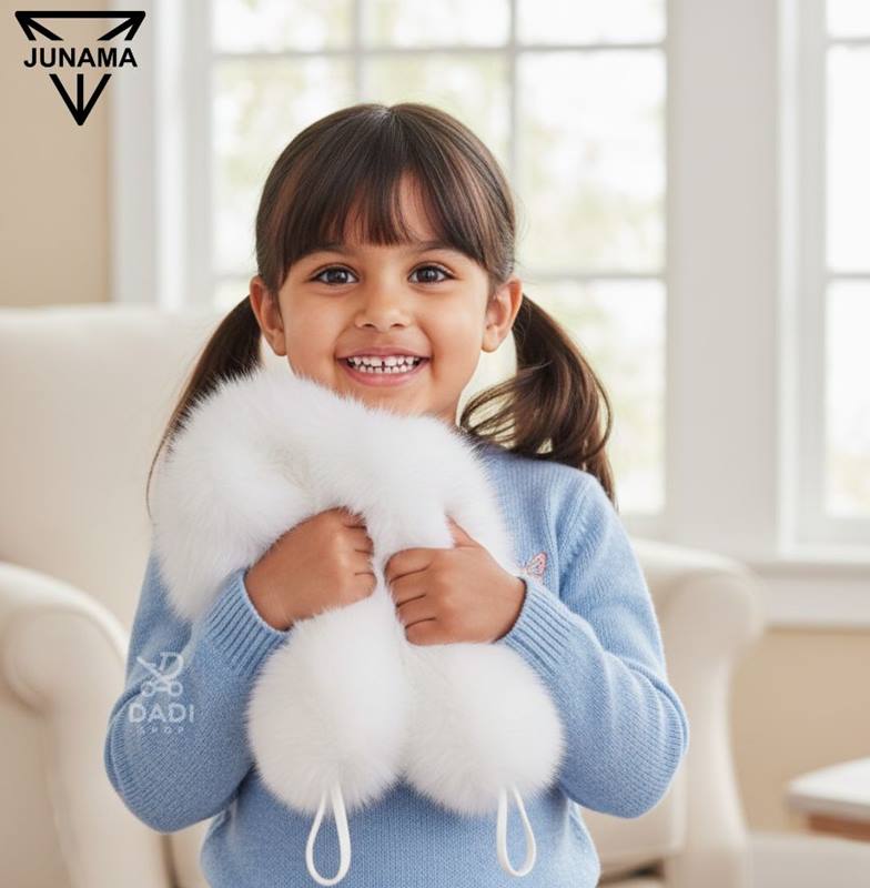 Sztuczne futerko do gondoli wózka dla lalek JUNAMA, prezentowane przez dziewczynkę podczas sesji w Dadi-Shop