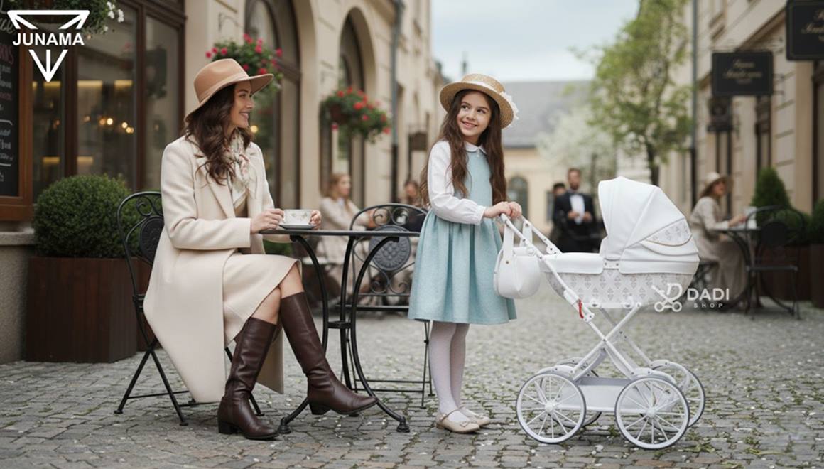 Wózek dla lalek dla wysokiej dziewczynki Tako Junama Art Deco Mini 01 biały – spacer z mamą w plenerze. dadi-shop