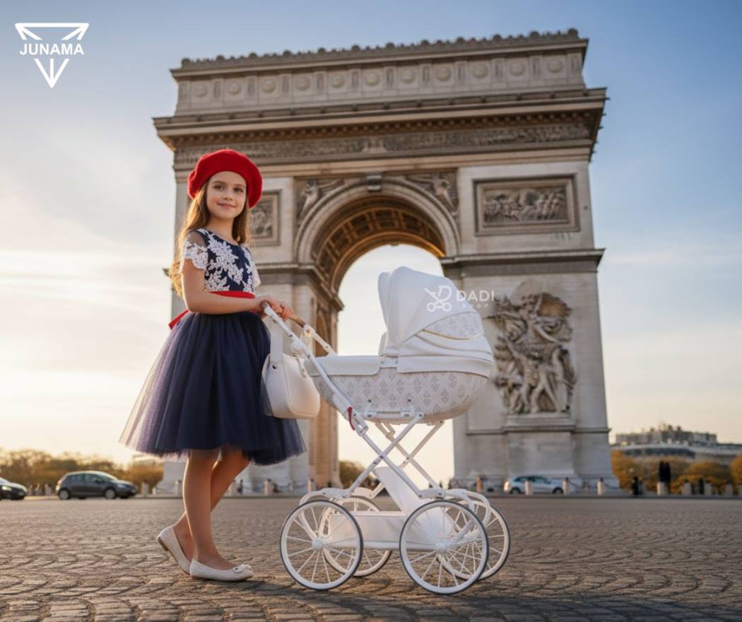 Baby doll pram Junama Art Deco Mini in white 01,outdoor scene. Dadi-shop