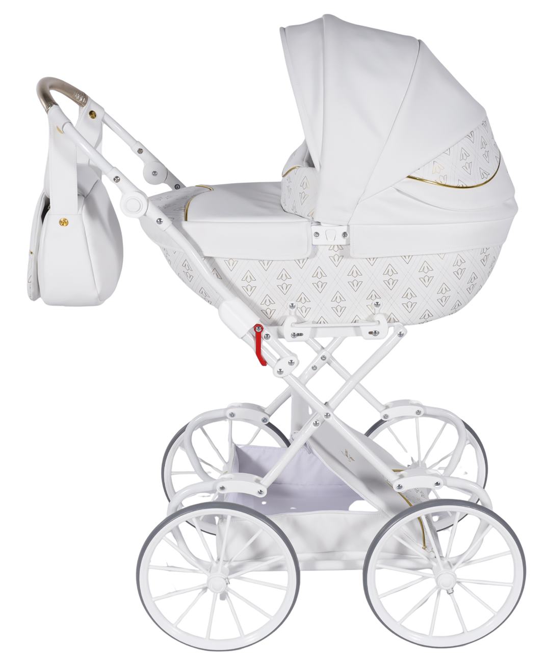 Biały wózek dla lalek Junama Art Deco Mini – widok z profilu. Dadi-shop