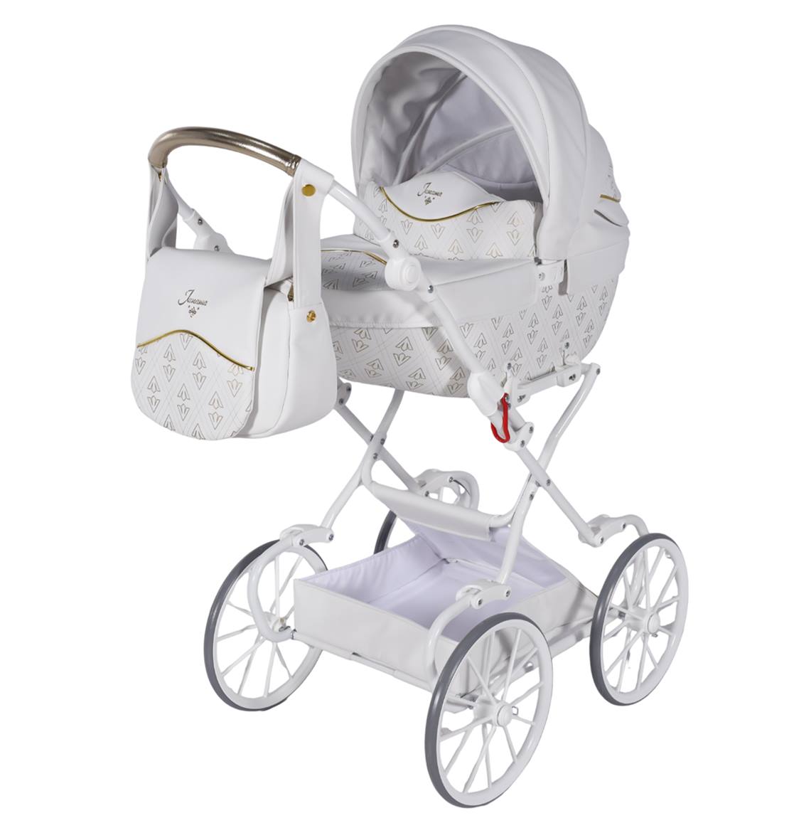 Wysoki wózek dla lalek Junama Art Deco Mini 01 biały – widok z przodu z torbą, elegancki model. Dadi-shop on line