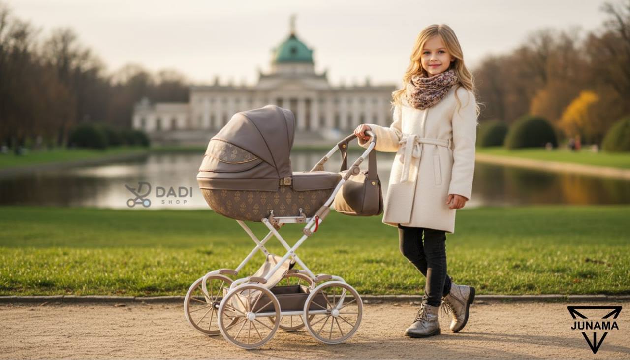 Wózek dla lalek dla 5-latki Junama Art Deco Mini 02 brązowy – wysoki model z regulowaną rączką 90–100 cm, sesja w parku Dadi-shop.