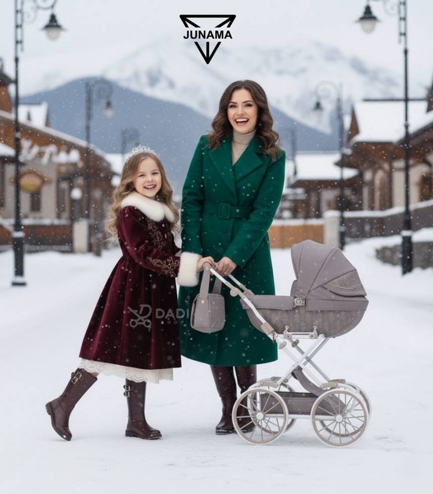 Stylish dolls pram for older child – Junama Art Deco Mini in beige, elegant stroller for girls aged 6–9 by Tako, family walk. dadi-shop