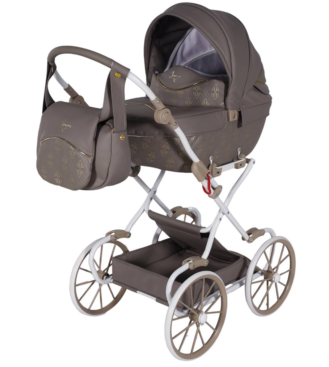 Wózek dla lalek Junama Art Deco Mini 02 brąz beżowy – duże retro koła, widok z przodu, model premium TAKO, Dadi-shop.