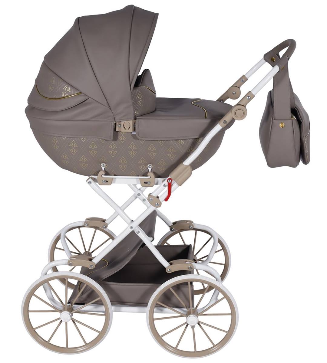 Brązowa gondola do wózka dla lalek Tako Baby Art Deco Mini, styl retro, solidny stelaż.