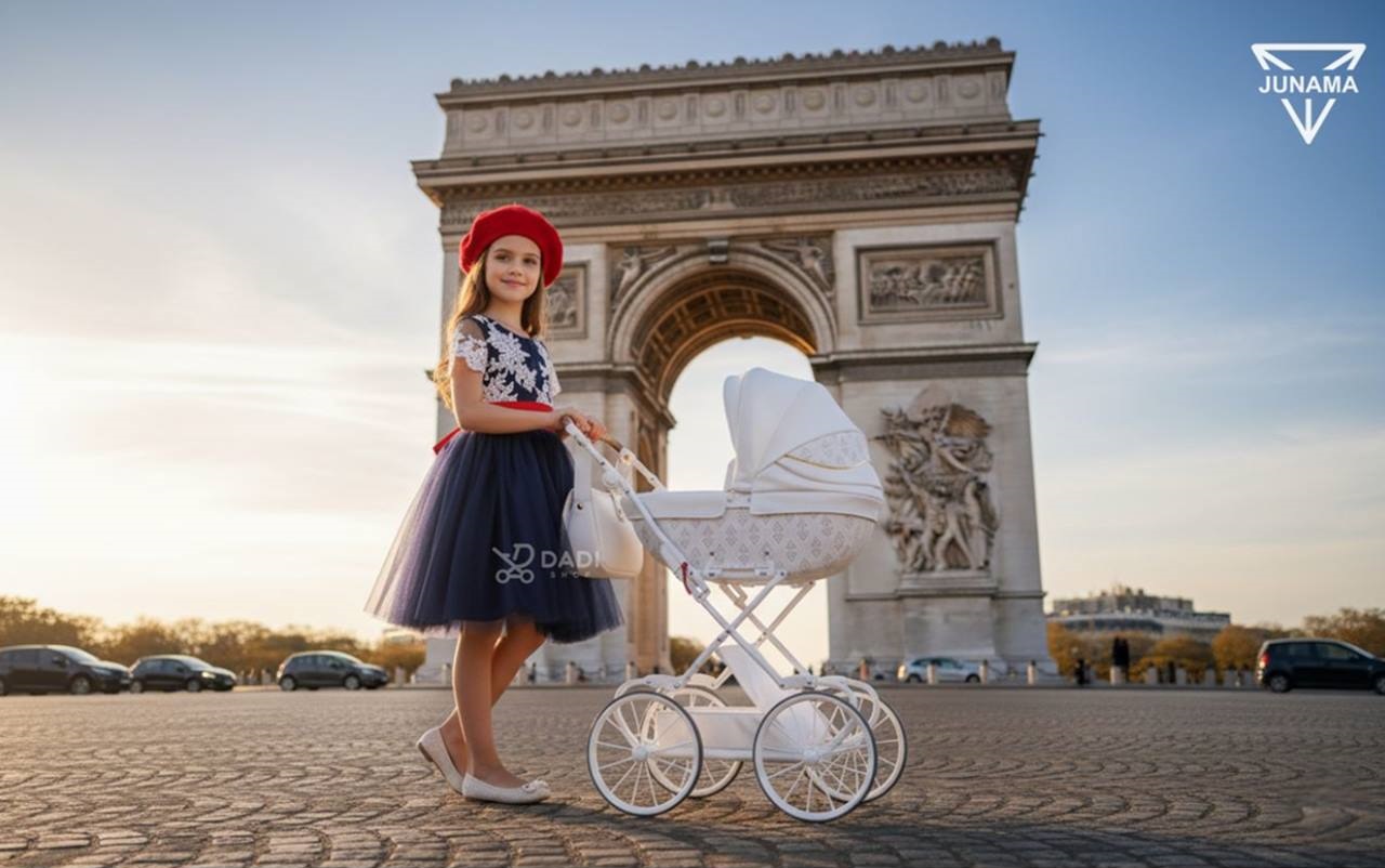 Stylish retro doll pram Junama Art Deco Mini, large wheels, premium design, outdoor scene in Paris. Dadi-shop