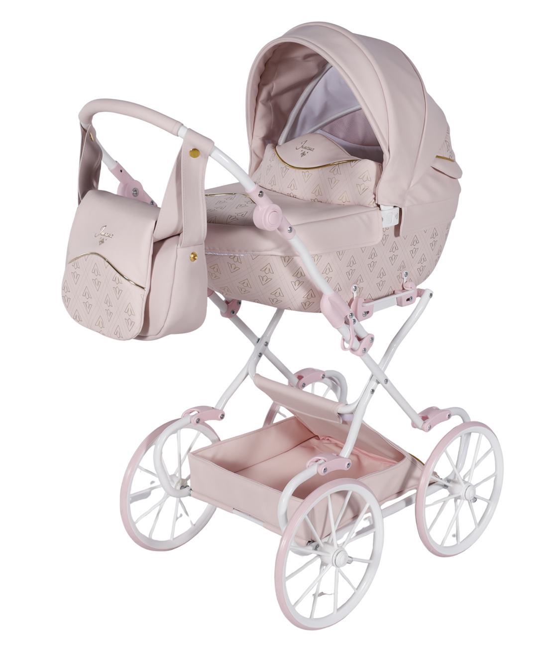 Stylowy wózek dla lalek Junama Art Deco Mini w pudrowym różu, elegancki retro design, widok przodu. dadi-shop