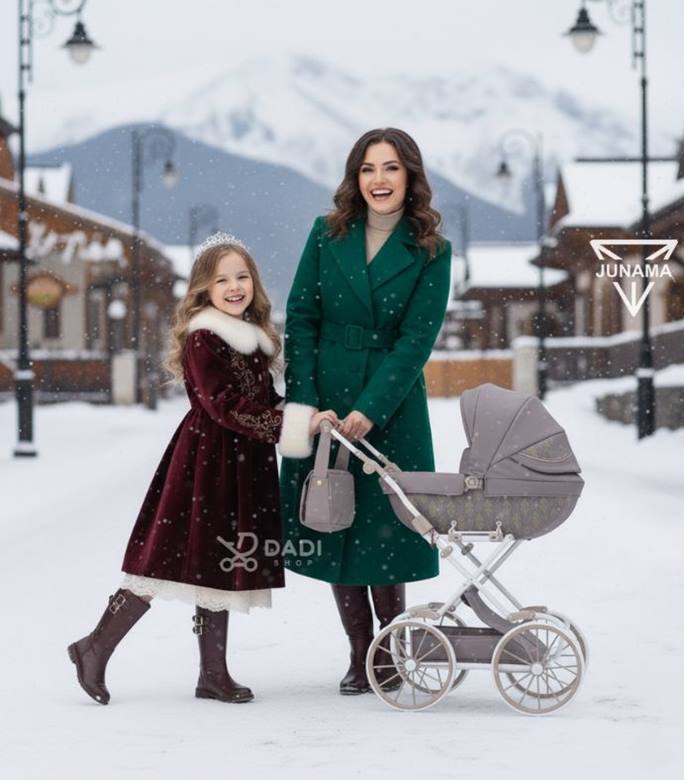 Wózek dla lalek dla wysokiej dziewczynki Tako Art Deco Mini 02 w zimowym plenerze, mama z córką. dadi-shop