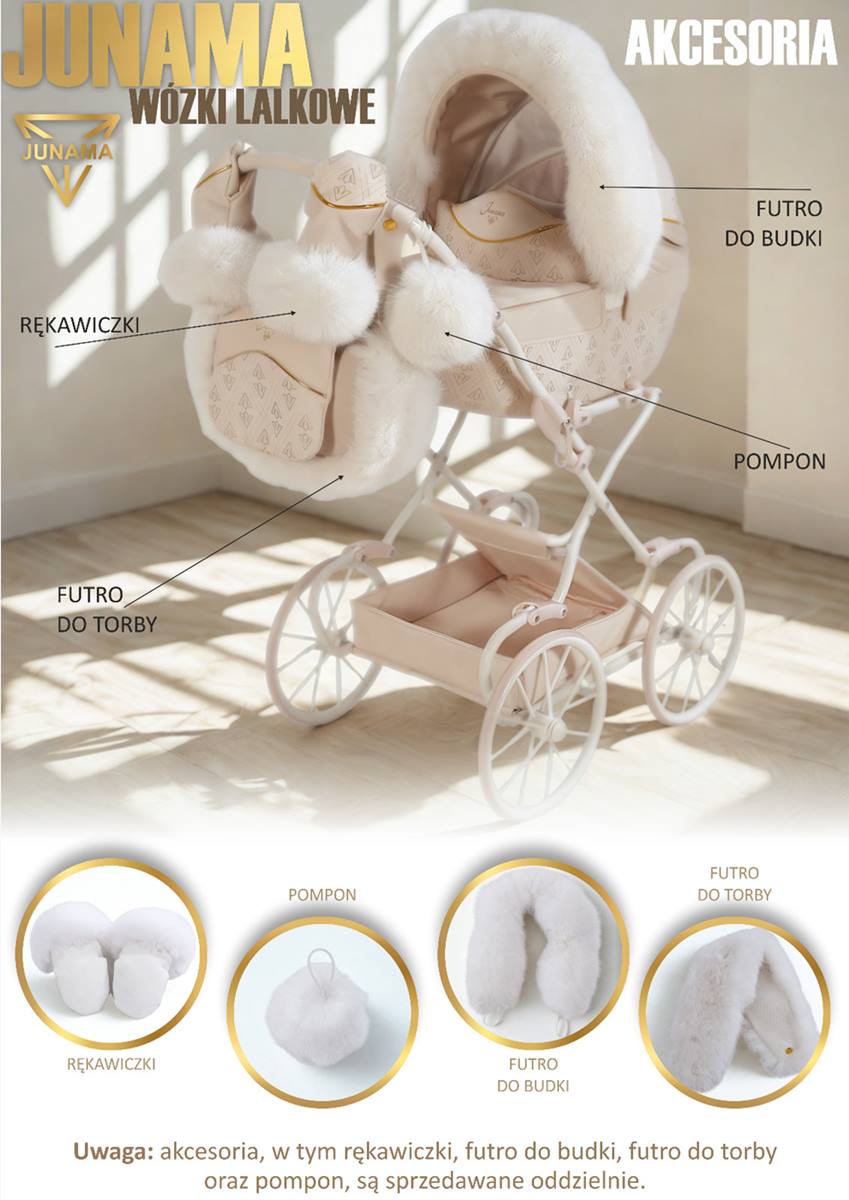 Dodatki do wózka Junama Art Deco Mini – futerko, rękawiczki, mufki i pompon, akcesoria dla lalek. dadi-shop