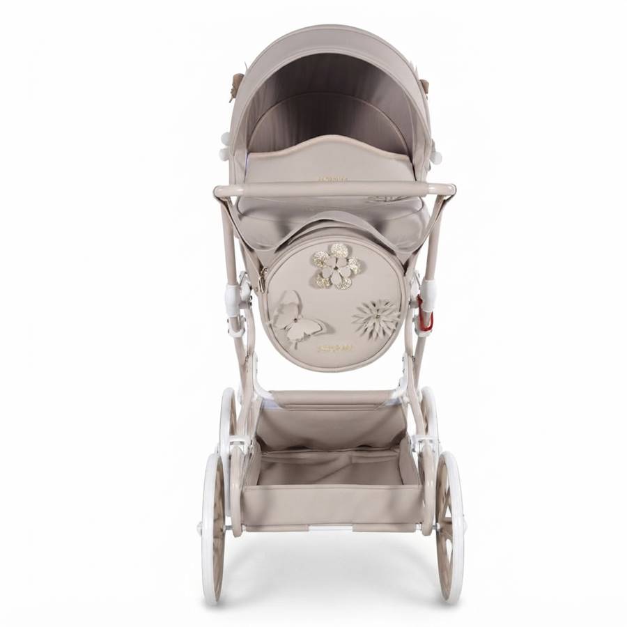 Classic beige toy doll pram by Junama, front perspective, featuring decorative floral and butterfly details