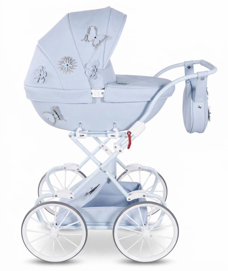 Elegant pale blue toy baby carriage featuring floral and butterfly accents, classic white chassis, and big spoked wheels.