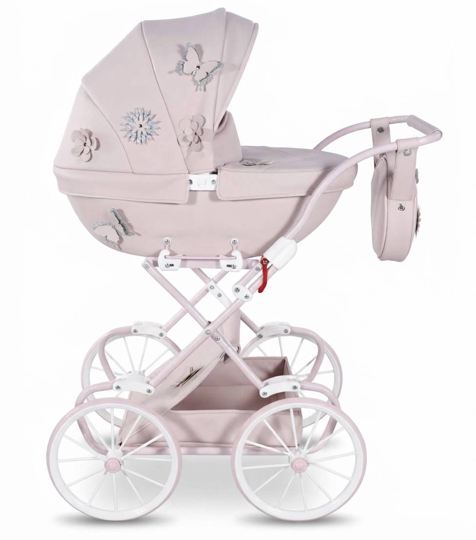 Pink Junama La Fleur Mini doll pram in retro style with large spoked wheels and decorative butterfly appliques.