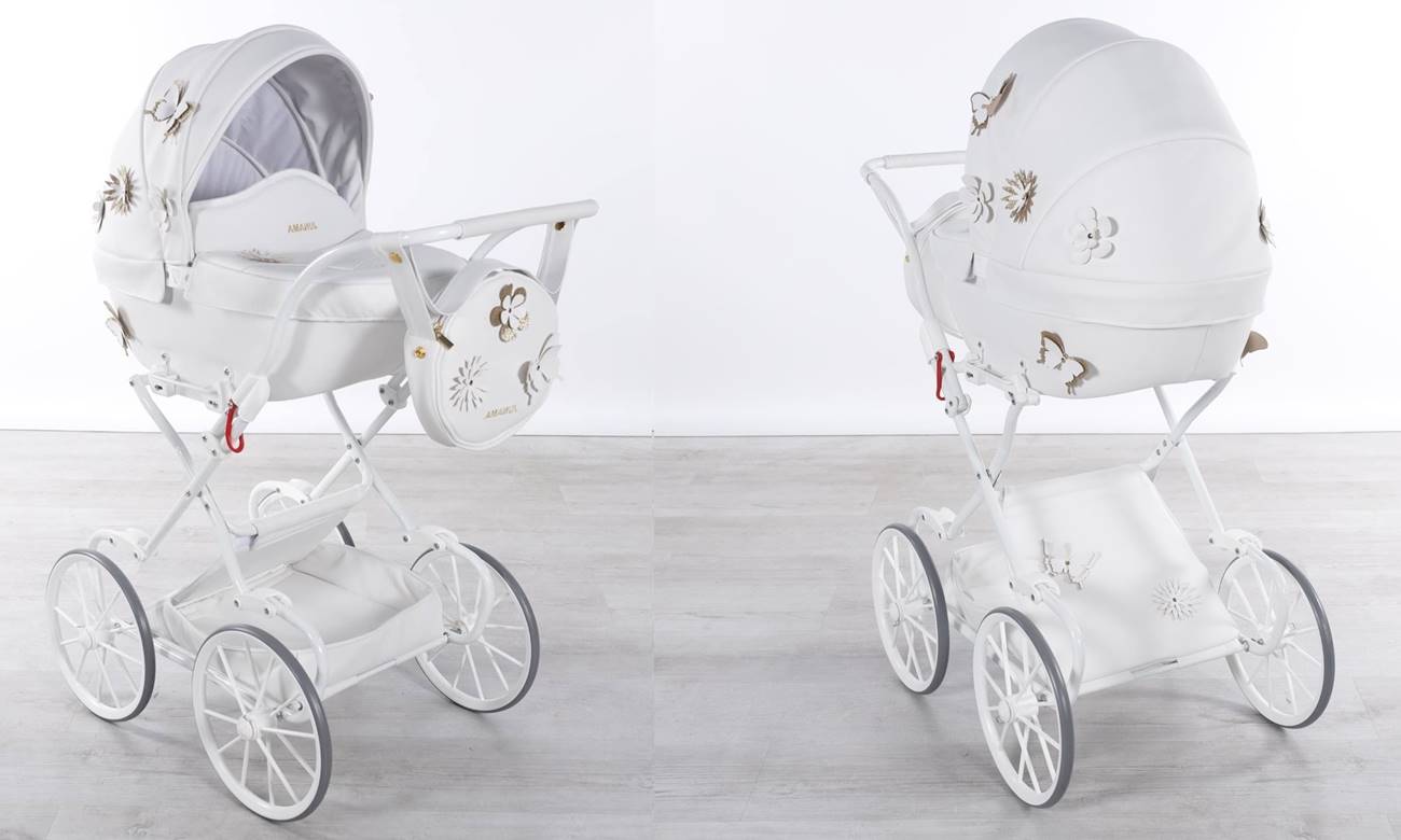 Junama La Fleur Mini biały wózek retro Widok studyjny z przodu i z tyłu ze skórzaną tapicerką