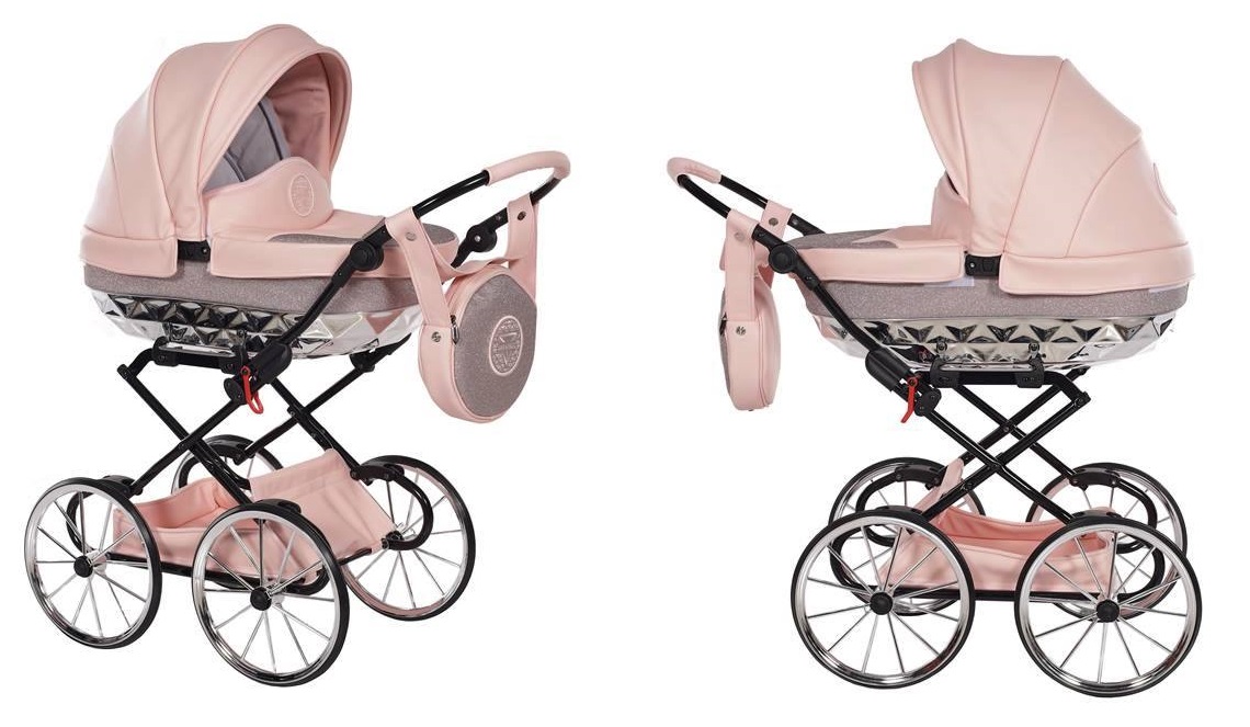 Junama HandCraft Mini Glitter 01 pink – lekki i stabilny aluminiowy wózek dla lalek, widok z przodu i profilu.