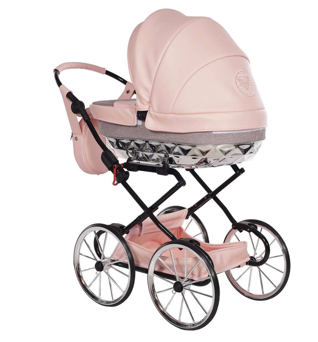 Junama HandCraft Mini Glitter 01 różowy – wózek dla lalek z tyłem gondoli z wyszywanym ręcznie logo i cichymi, trwałymi kółkami