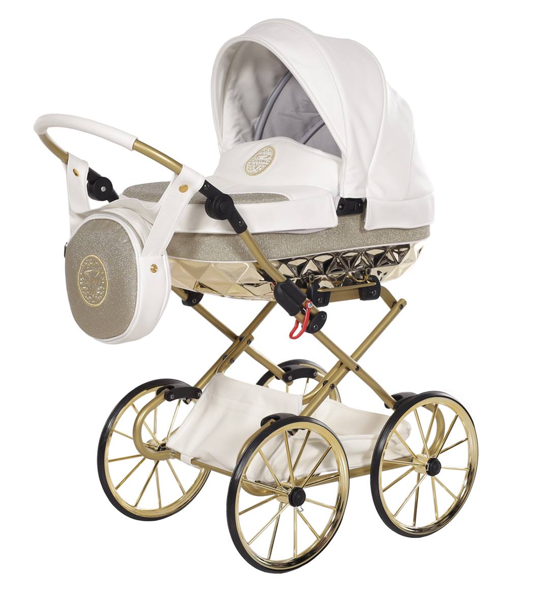 Duży wózek dla lalek Junama Hand Craft Mini Glitter 02 biało-złoty – elegancki model premium z połyskiem, polska produkcja TAKO, sklep  Dadi-Shop.