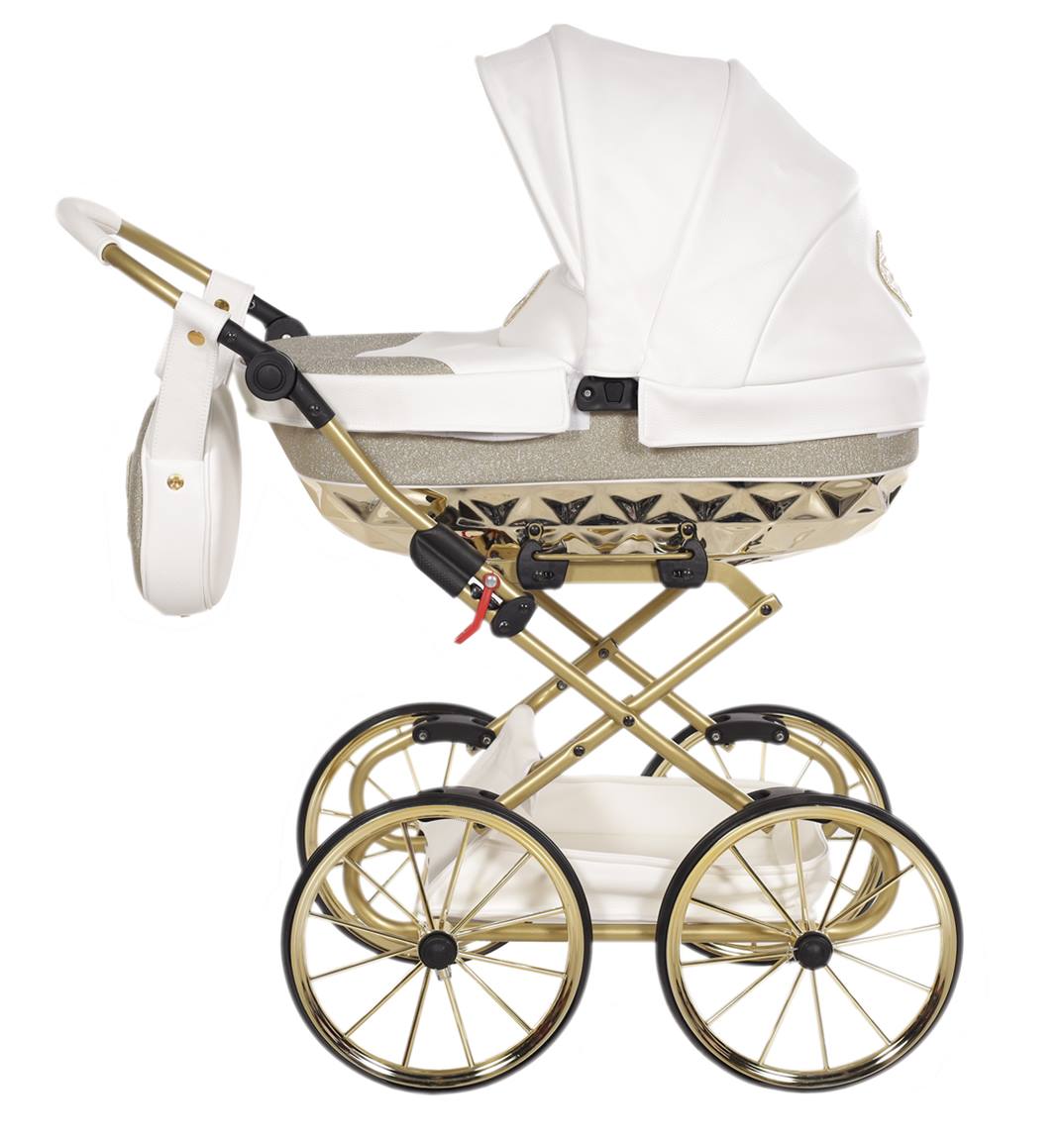 wózek dla lalek duży- Junama Hand Craft Mini Glitter 02 –biało złoty kolor- widok z profilu Dadi-shop