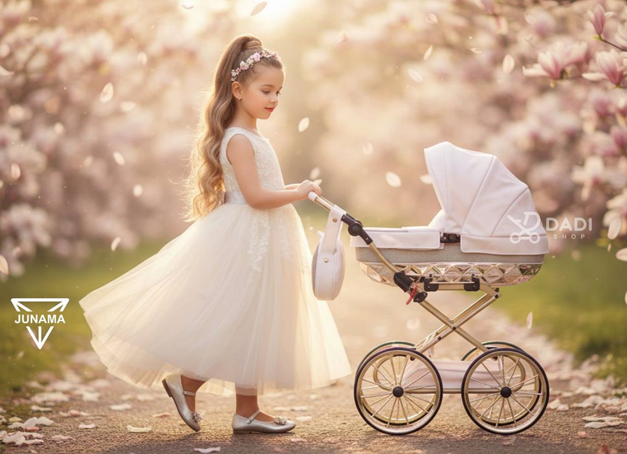 Luxury dolls pram with golden accents and soft glitter fabric – Junama Hand Craft Glitter for 6 year old girl. Dadi-shop