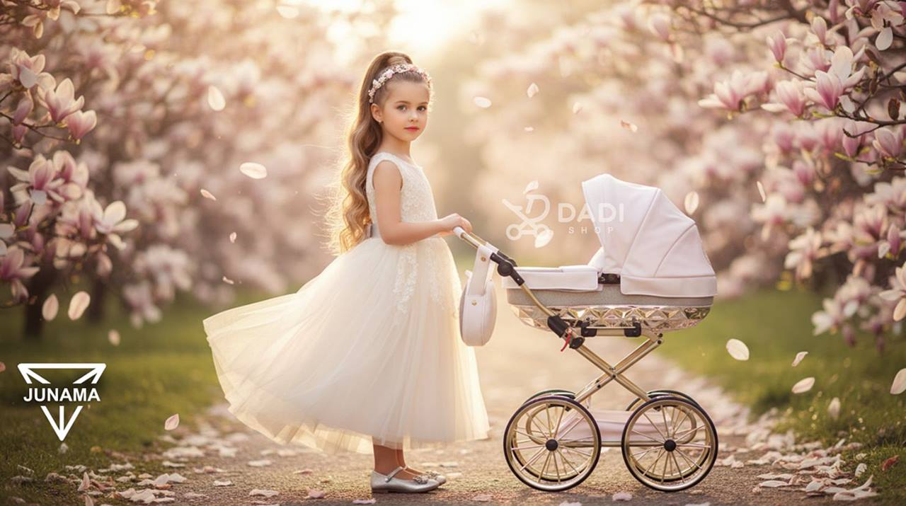 Hand Craft Mini Junama dolls pram outdoors – stylish black silver doll stroller in a spring setting.