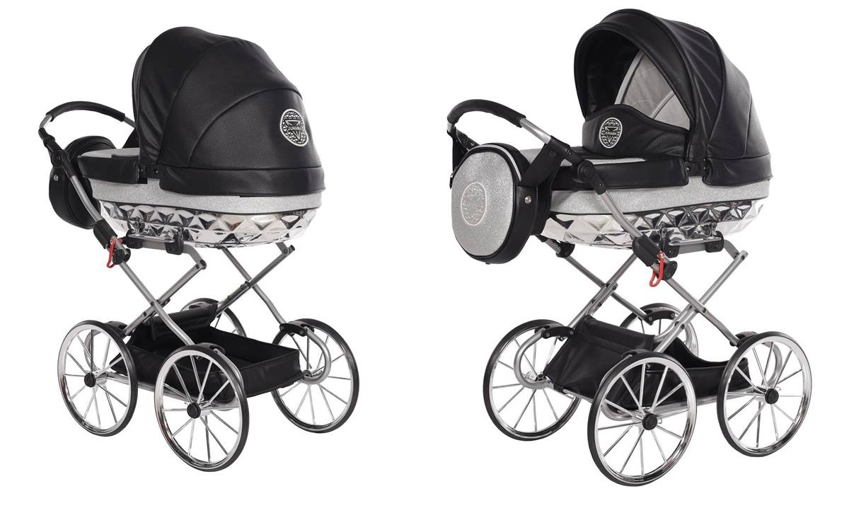 Czarno-srebrny wózek Hand Craft Mini Junama – elegancki model dla lalek widok przód tył .