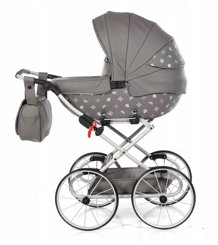 Klasyczny wózek dla lalek Tako Imperial Mini Classic 03 w kolorze szarym, na dużych retro kołach, widok z profilu – sklep Dadi-Shop.