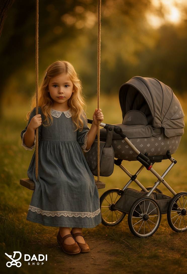 dziewczynka na huśtawce obok wózka dla lalek Tako Imperial Mini Classic vintage szary z dużymi retro kołami, plener, Dadi-shop
