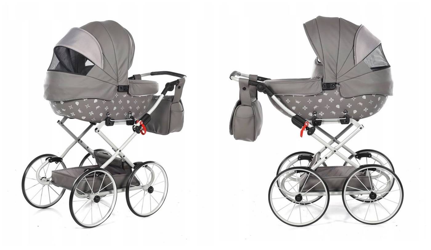 Szary wózek dla lalek Imperial Mini Classic od Tako to elegancka zabawka dla starszej dziewczynki, z gondolą w stylu retro – grey doll pram.