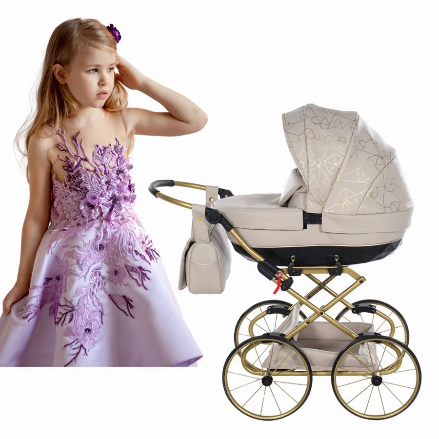 Junama Heart Mini beige doll stroller – retro style, adjustable handle, large pram, available at Dadi-Shop