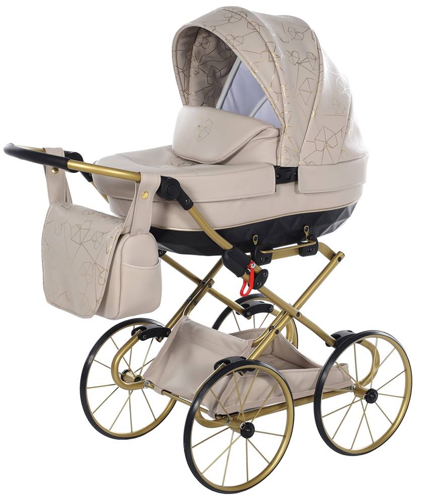 Junama Heart Mini wózek dla lalek – retro, beżowy, z regulowaną rączką i dużą gondolą, dostępny w Dadi-Shop