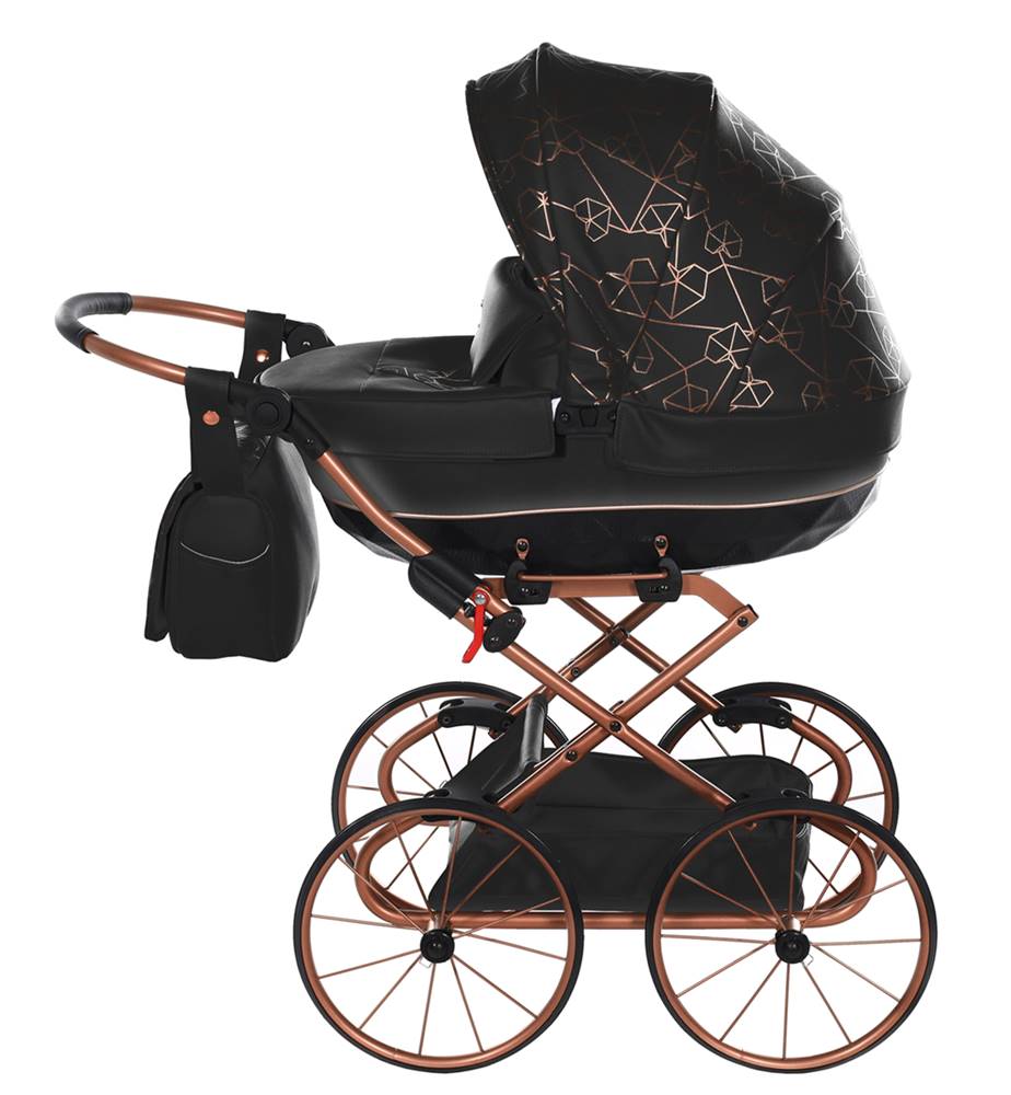 Czarny wózek dla lalek Junama Heart Mini z dużą gondolą i klasycznymi retro kołami – elegancki design od polskiego producenta Tako.