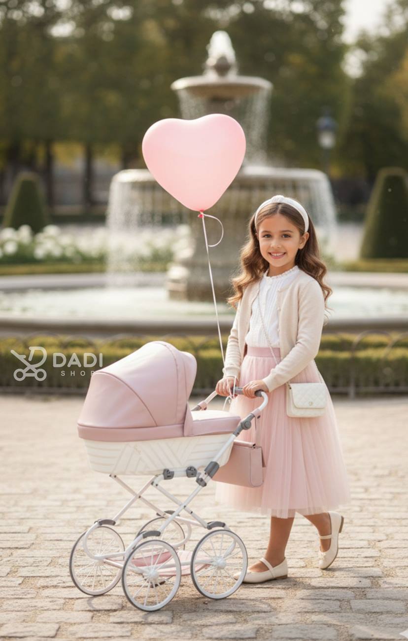 Dziewczynka spaceruje z różowym wózkiem dla lalek Rossie Kunert Pink Metalic Eco w słoneczny dzień. sesja dadi-shop