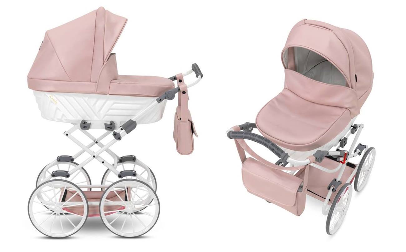 Wózek lalkowy Kunert Rossie Ivento Mini z eko-skóry w jasnoróżowym odcieniu Pink Metalic widok z przodu i boku.