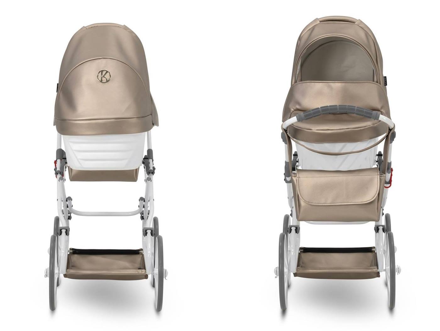 Detal eko-skóry i logo Kunert na wózku dla lalek Rossie Cappuccino Metalic Eco – elegancka zabawka lalkowa. Dadi-shop