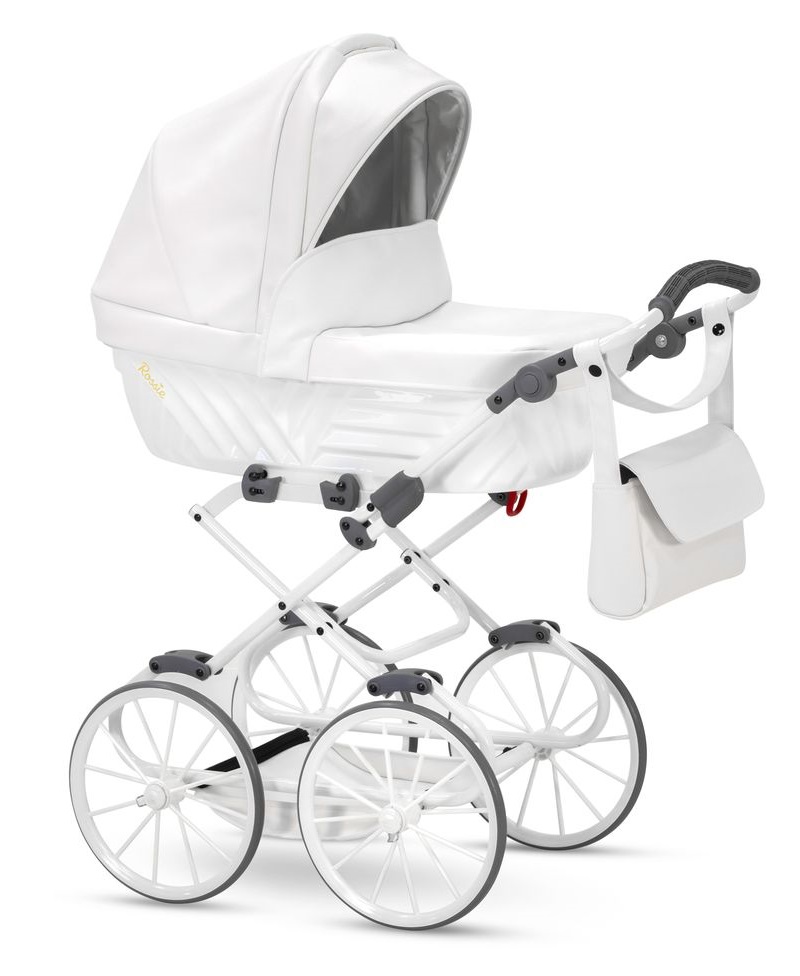 Biały wózek dla lalek Kunert Rossie White Pearl Eco z gondolą i dużymi retro kołami. dadi-shop