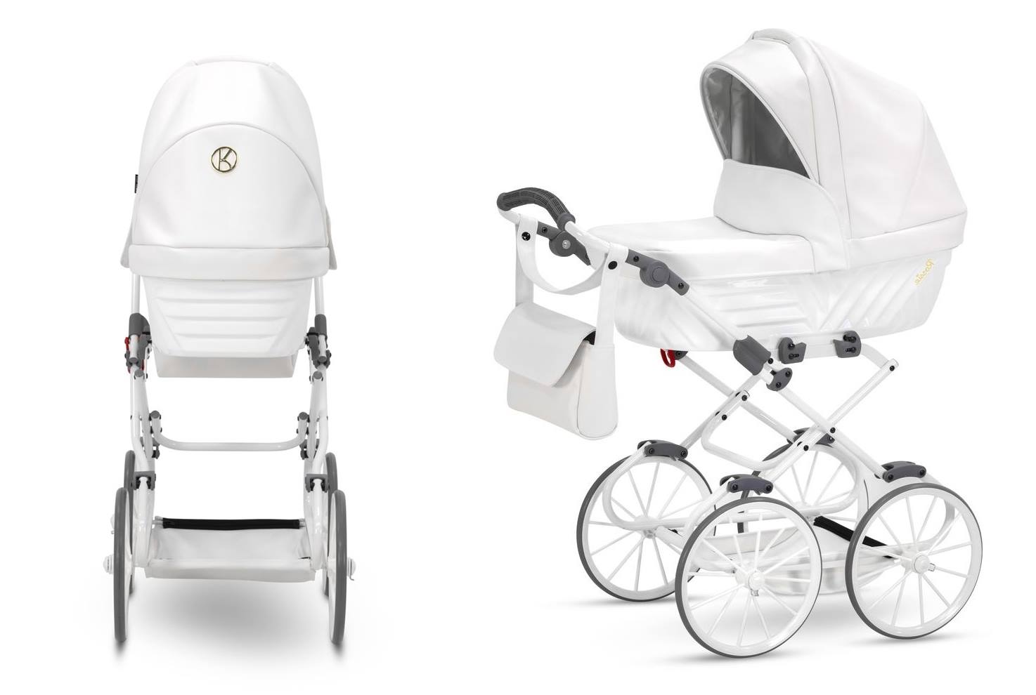 Wózek dla lalek Rossie z dużymi retro kołami i regulowaną rączką – Kunert White Pearl 03, widok przód i bok. dadi-shop