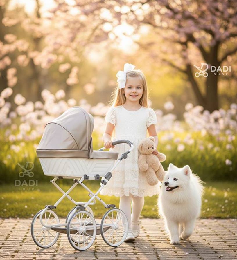 Kunert Rossie dolls pram for 5-year-old girl in outdoor session with dog – Dadi Shop